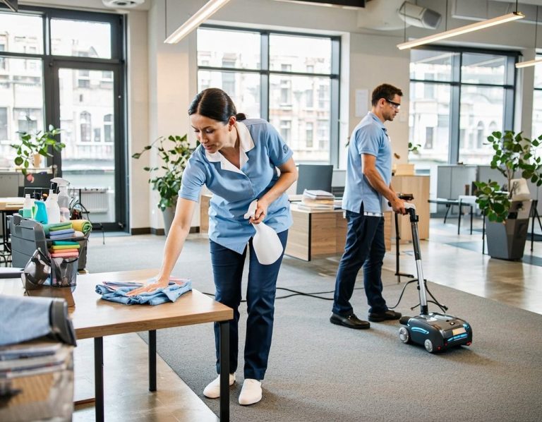 Umzugsreinigung Stuttgart Zwei Reinigungskräfte wischen und saugen in einem modernen Büro mit Pflanzen.