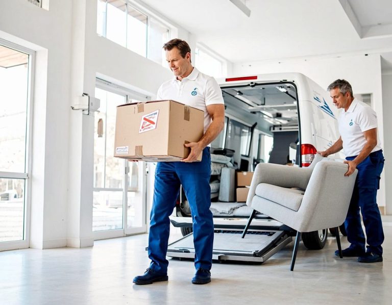 Umzugsservice in Kirchheim unter Teck und Stuttgart Zwei Lieferkräfte bringen Möbel in ein Möbeltransporter. einer trägt eine Kiste, der andere ein Sofa.