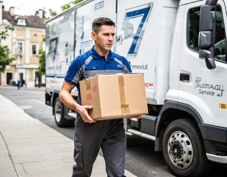 Umzugsservice Stuttgart Junger Lieferfahrer trägt ein Paket auf der Straße neben einem Lieferwagen.