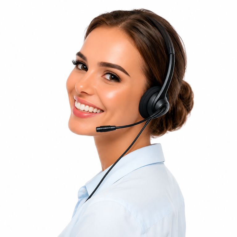 Jetzt kostenloses Angebot anfordern Lächelnde Frau mit Headset, Blick zur Seite, in blauer Bluse.