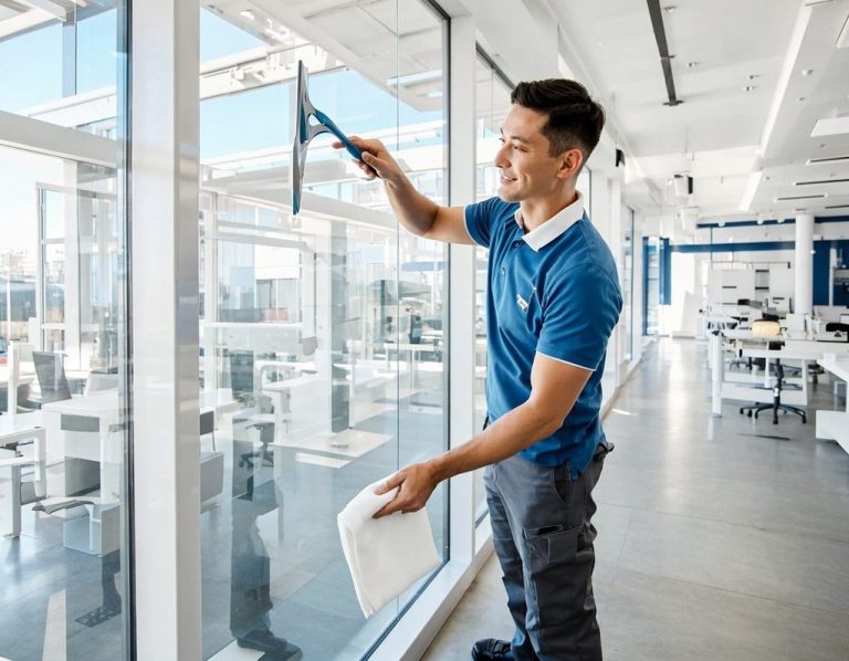 Fensterreinigung in Kirchheim unter Teck und Stuttgart Ein Mann reinigt Fenster in einem modernen Büroraum.