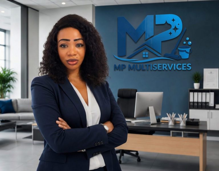 Warum MP MUTISERVICES? Frau mit schwarzem Haar in Anzug, stehend vor einem modernen Büro mit logo.