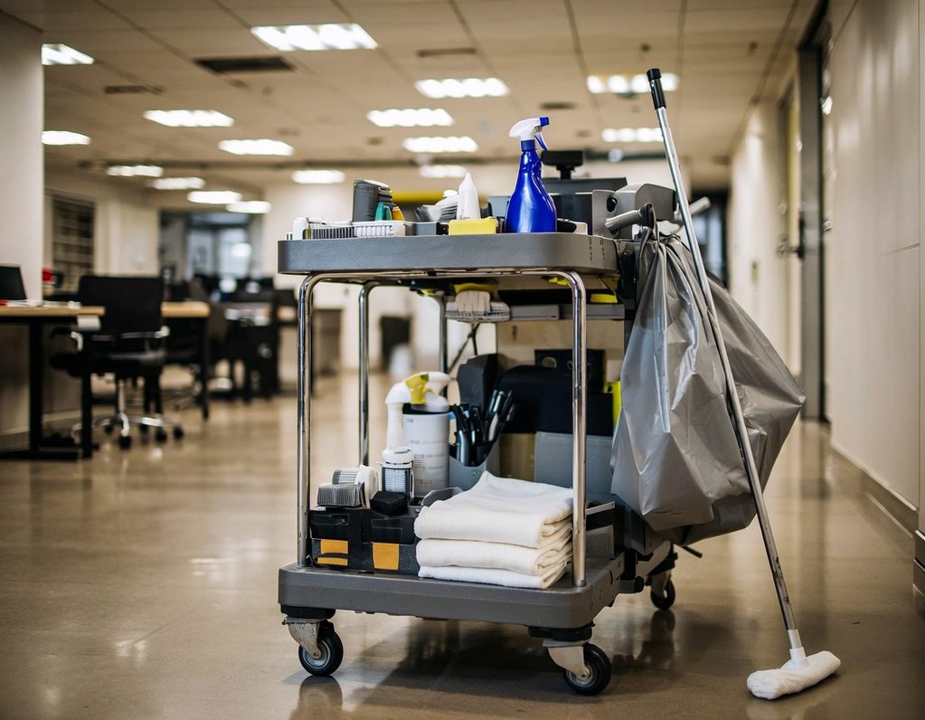 Büroreinigung in Kirchheim unter Teck und Stuttgart Reinigungswagen mit Putzmitteln und -gerät in einem modernen Büro.
