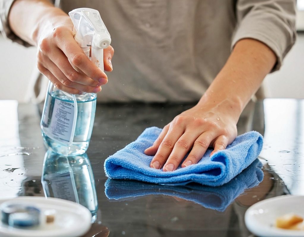 Grundreinigung in Kirchheim unter Teck und Stuttgart Eine Hand wischt mit einem blauen Tuch über eine glänzende Oberfläche, während sie ein Spray hält.
